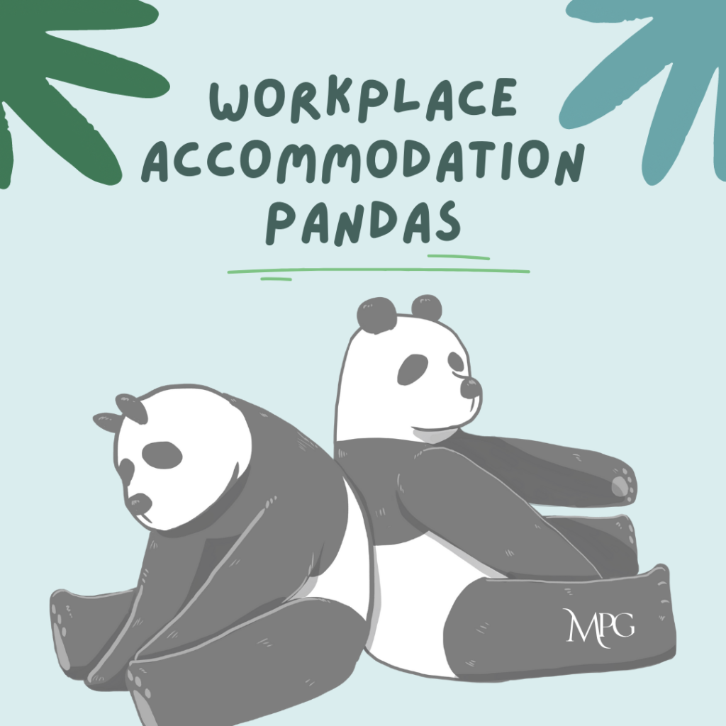 Graphic of two panda bears, with the heading "Workplace Accommodation PANDAS" PANDAS is an acronym to remember what is considered reasonable according to ADA. MPG logo on one bear's foot.